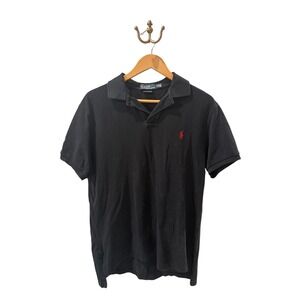 Polo by Ralph Lauren Mens Large Custom Fit Black Polo Shirt Red Pony Logo Preppy